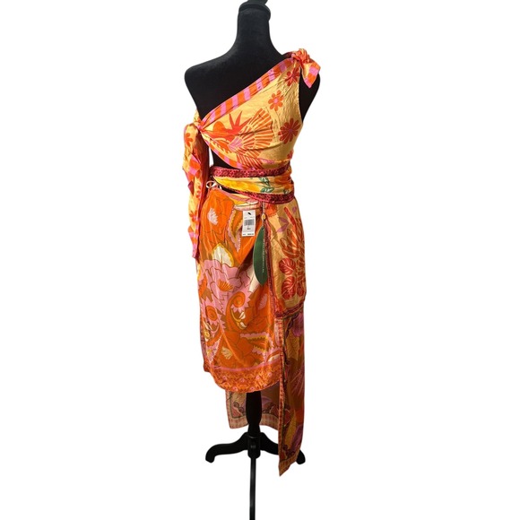 Farm Rio Forest Mixed Scarves Midi Dress XXS One Shoulder Tropical Print NEW - Picture 5 of 9